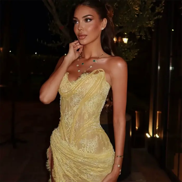 EDECPBM Robes De Soirée En Dentelle Jewelry IyontosVestidos De Festa Personnalisé Jaune Sirène Belles