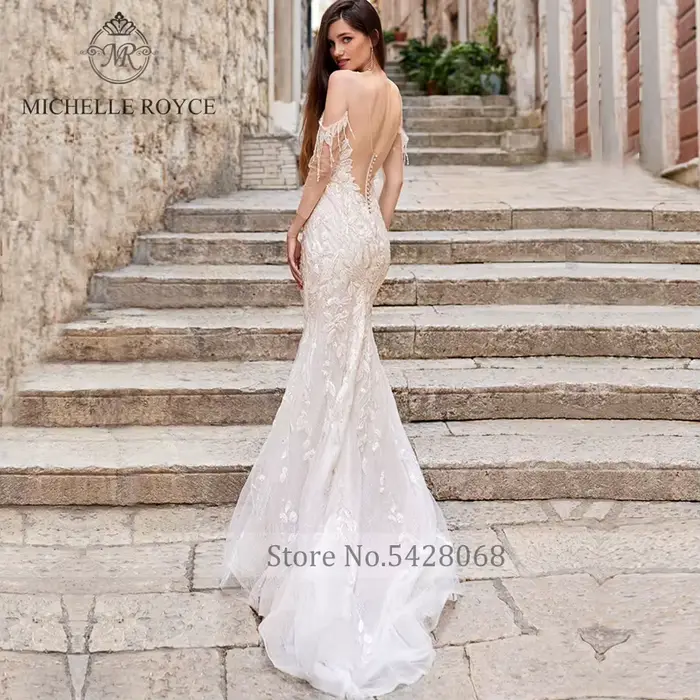 Michelle Royce-Robes de mariée sirène dos nu avec pompon