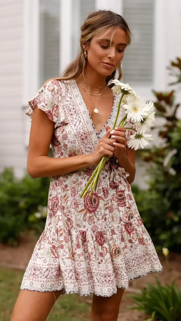 Mini robe portefeuille à fleurs style Boho pour femmes