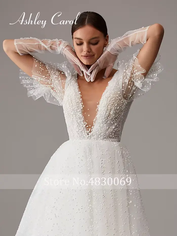 Robe de mariée Ashley Carol courte sexy décolleté en V profonde manches courtes bouffantes dos aux silhouette A-ligne pour femmes occasions spéciales