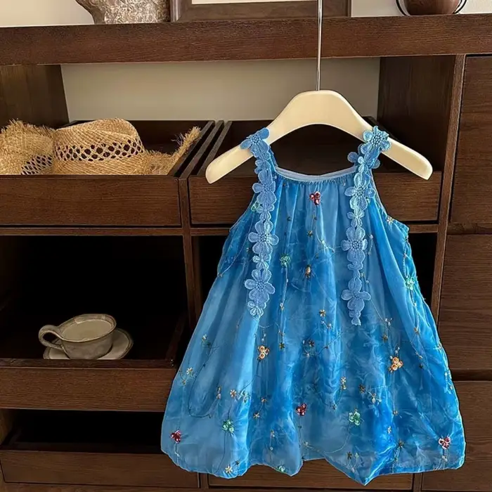 Robe-veste brodée de fleurs 3D, style vacances d'été au bord de la mer, bleu, pour filles, version c