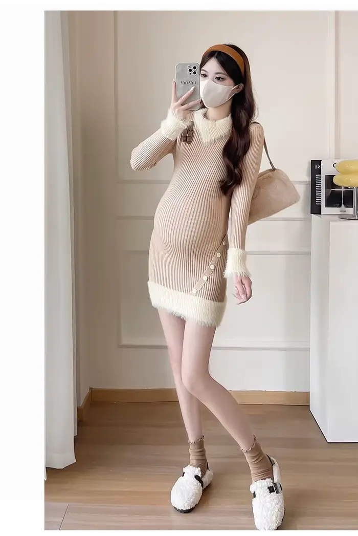 Robe de maternité en tricot avec col en fourrure élégante pour femmes, silhouette ajustée, douceur incomparable, confort maximal pour futures mamans occasions spéciales