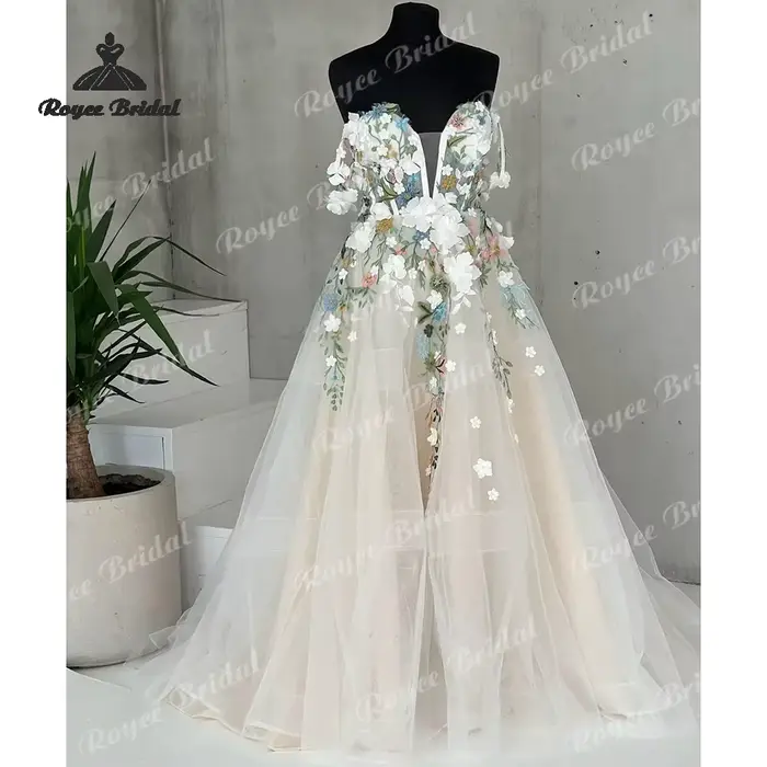 Robes de mariée rustiques florales coupe trapèze 2026 avec appliques de fleurs sauvages colorées