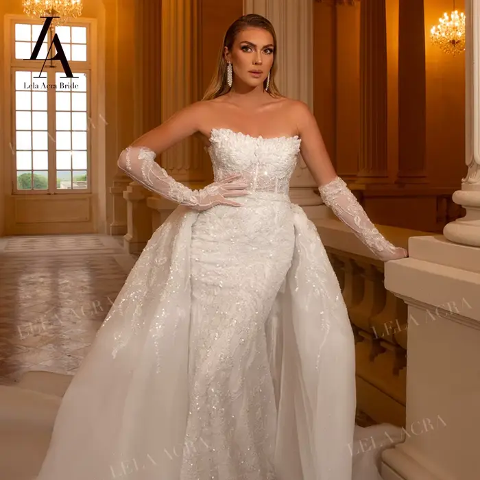 2 en 1 robe de mariée sirène sans manches 2026 magnifique