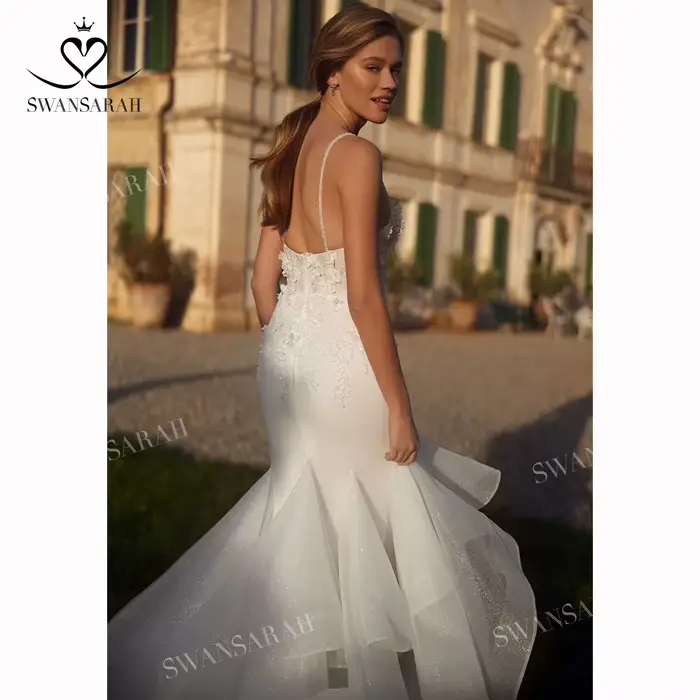 Robe de mariée sirène brillante sans manches fleurs 3D personnalisée SwanSarah occasion mariage plage occasions spéciales
