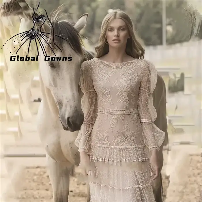 Robe de soirée en tulle à col rond pour femmes, robes de RhA-ligne, manches longues, occasion formel
