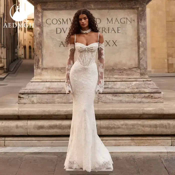 Aedmgh – robe de mariée sirène sexy, bretelles spaghetti, manches longues, avec des appliques, sur m