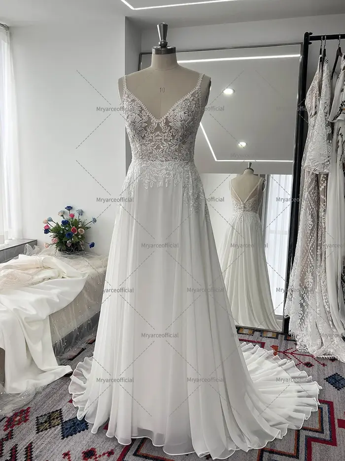 Mryarce mousseline de soie une ligne paillettes dentelle bretelles Spaghetti fluide robe de mariée robes