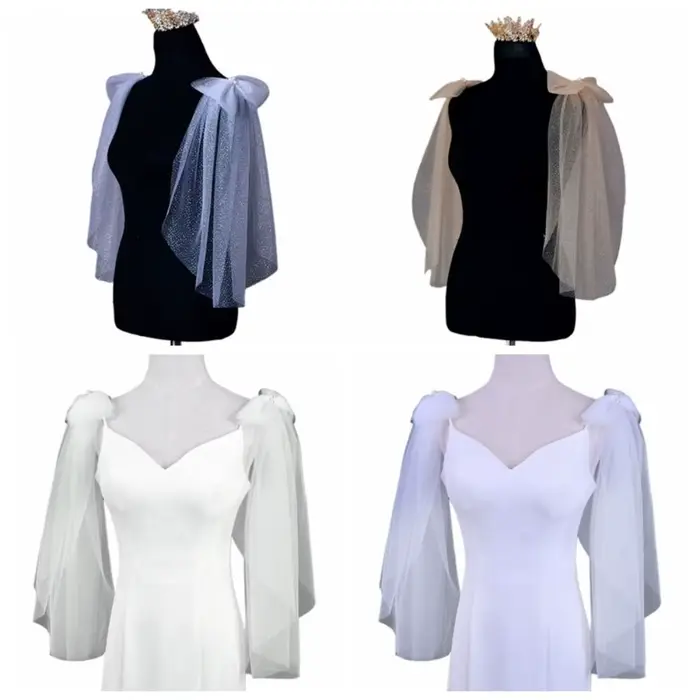 Robe de mariée en tulle plissé avec châle en perles brillantes, nœud transparent et gaze dorée pour femmes occasions spéciales mariage galas cérémonies