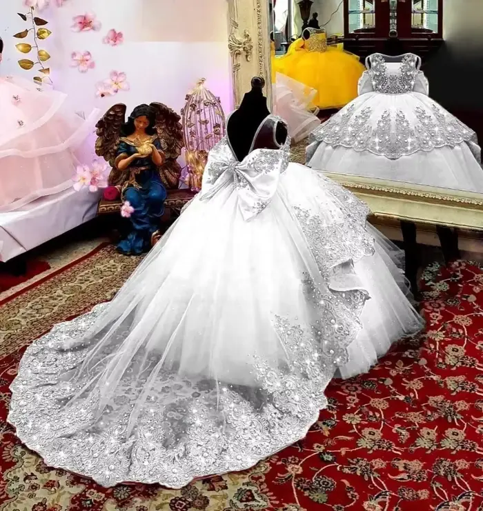 Robe de demoiselle d'honneur en dentelle perlée pour enfants, élégante sans manches, sur mesure pour mariage, anniversaire, concours de princesses