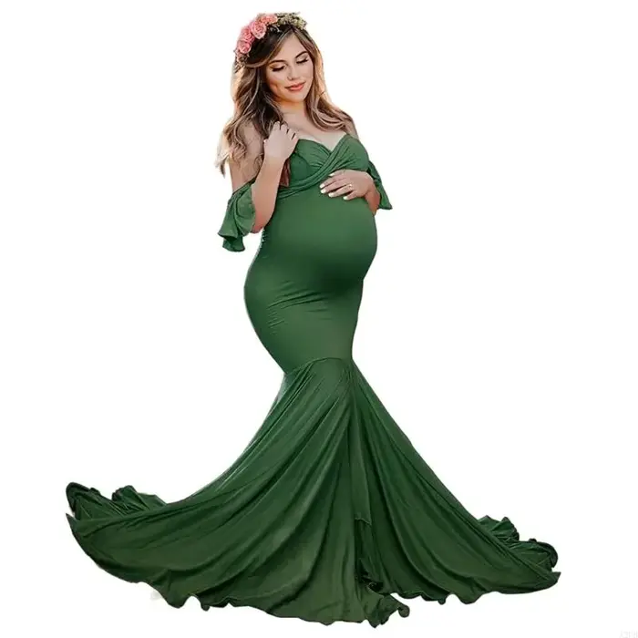 Robe maternité élégante avec manches à volants col en V croisé pour femmes enceintes, tenue photogra