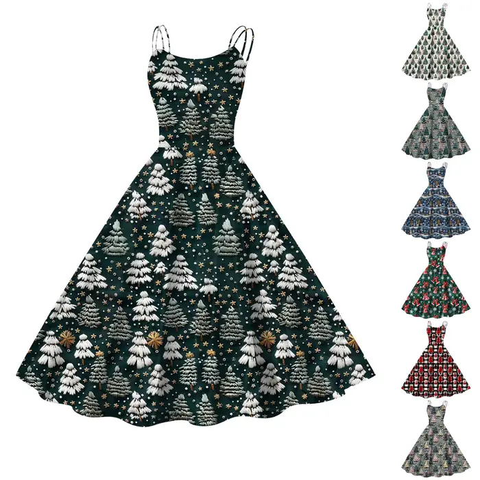 Robe de soirée sexy à bretelles spaghetti pour femmes, imprimé arbre de Noël vintage, coupe fluide, longueur aux genoux, polyester extensible, occasions spéciales et tous les jours