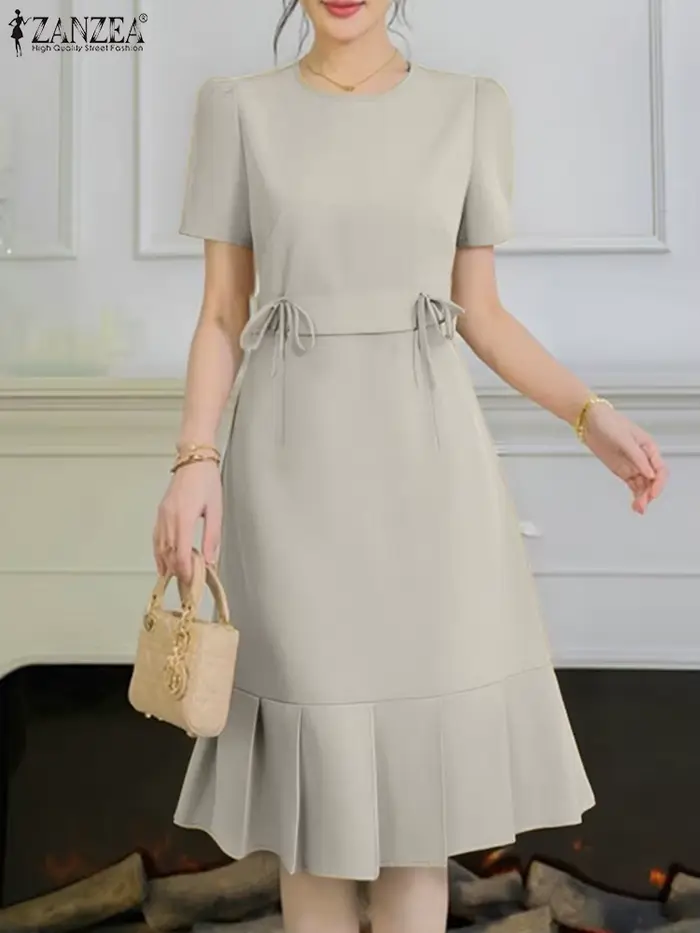 ZANZEA femmes robes de soirée été à manches courtes coréen genou longueur Robe d'été 2025 mode plissée couleur unie