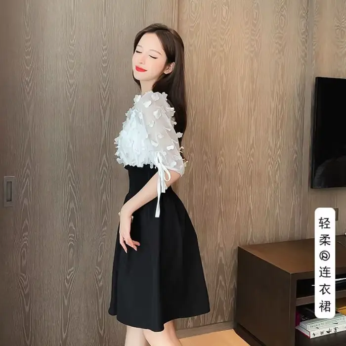 Robe sexy junior tricotée en polyester et nylon avec broderie col en V pour femmes occasions spéciales