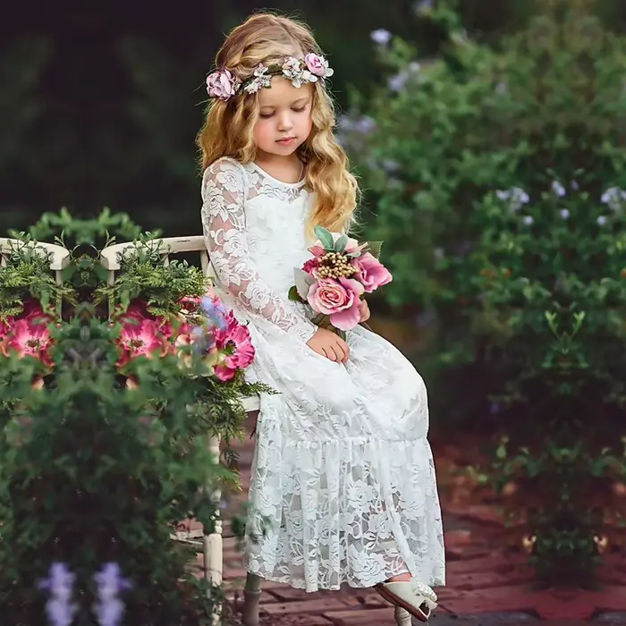 Robe élégante pour filles avec manches longues, dentelle rose brodée, robe de princesse, vêtements pour enfants, demoiselle d'honneur, mariage, remise de diplôme, robe Eid