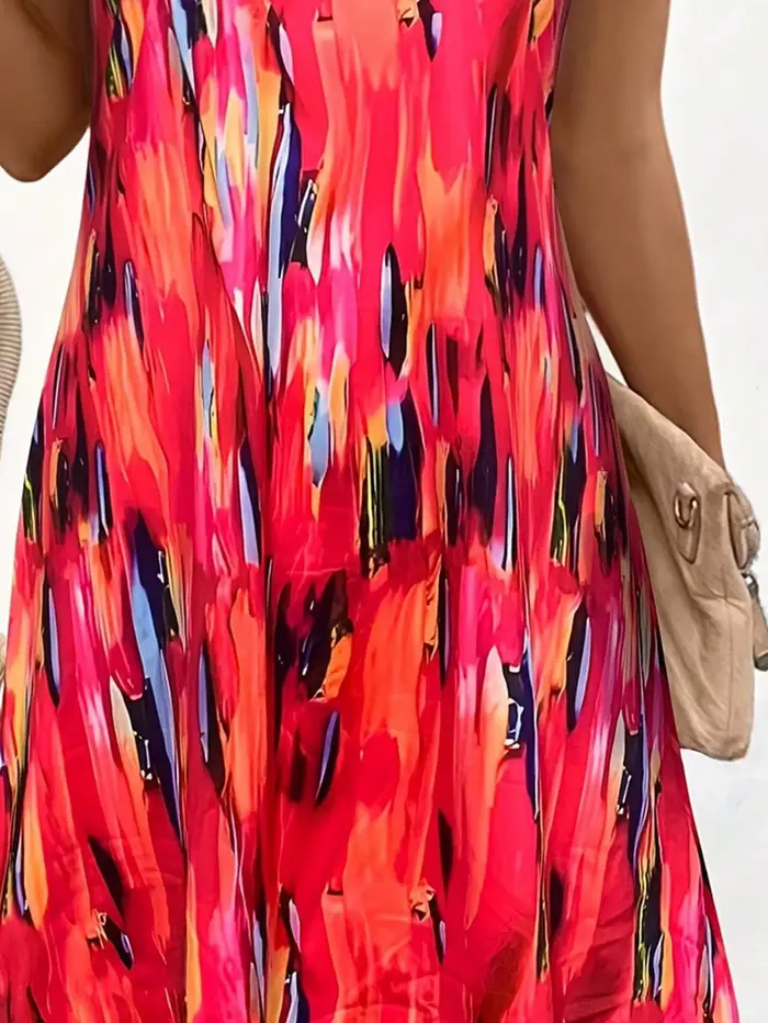 Robe d'été à col en V pour femmes style bohème fluide imprimée polyester sans manches pour vacances et sorties d'été