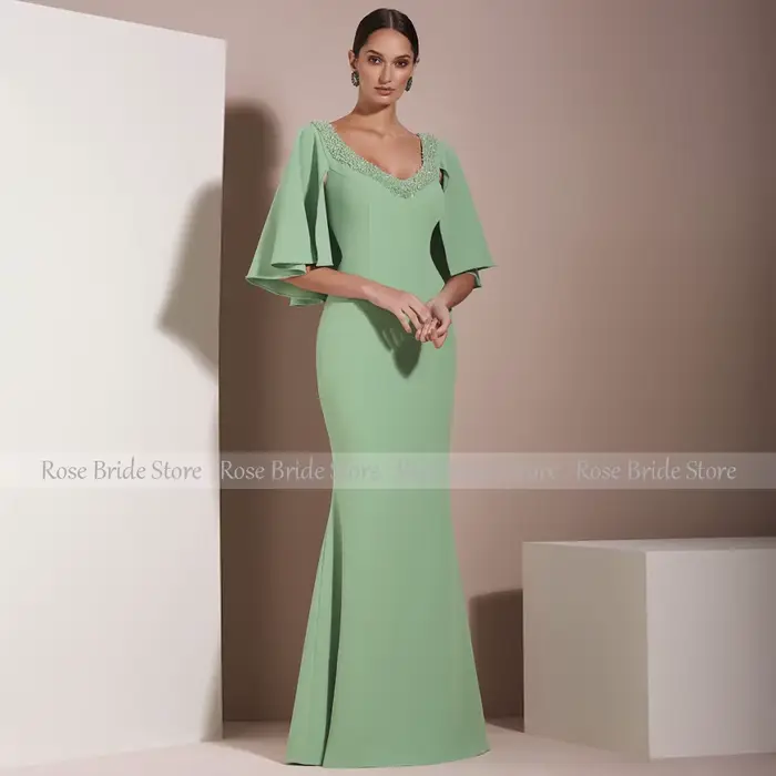 Robe sirène perlée col en V menthe pour mère de la mariée invité mariage soirée formelle occassionnels