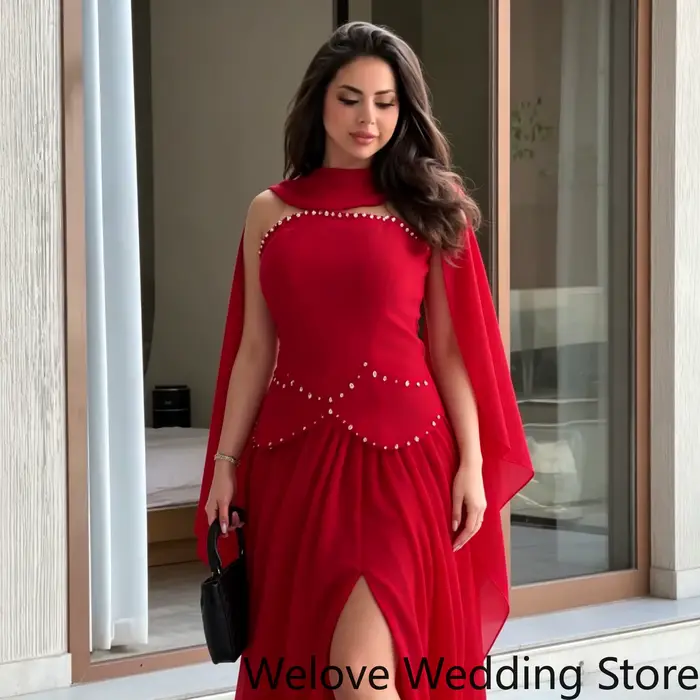 Robe de soirée personnalisée en mousseline fluide rouge vif