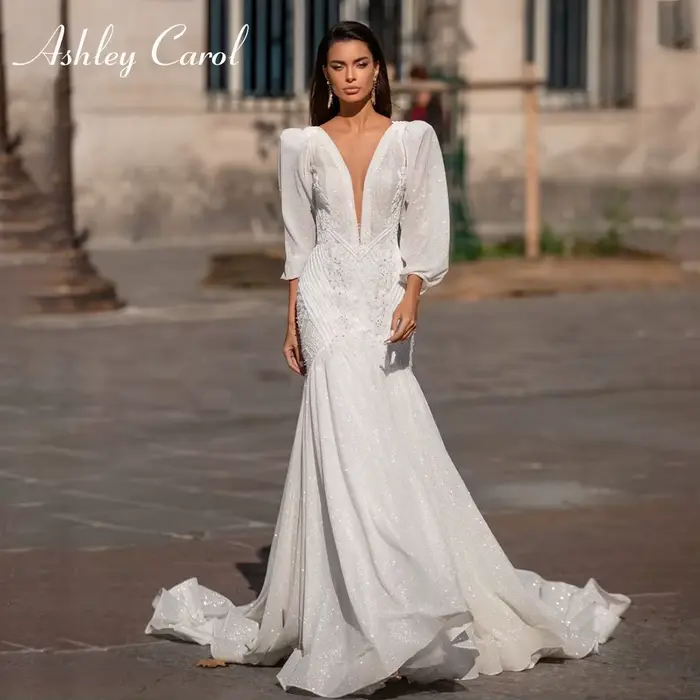 Ashley Carol-Robes de mariée sirène à manches bouffantes, robe de mariée sexy, dos nu, col en V, per