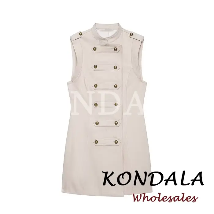 KONDALA Chic Khaki Straight Woman Cool Mini Dresses Fashion 2026 Summer Double Breasted Dress Sleeveless Modern Casual Vestidos