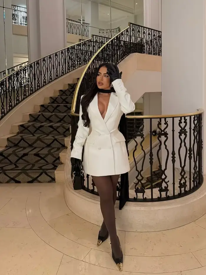 Chic blanc taille cintrée Robe femmes mode manches longues col en v profond Double boutonnage Mini