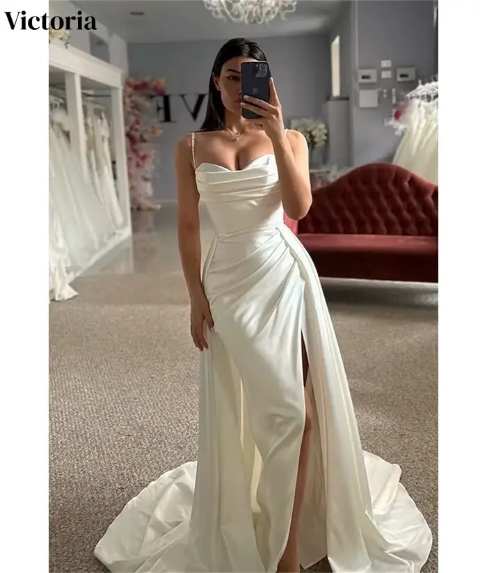Robe de soirée sirène sexy personnalisée Victoria en satin avec bretelles spaghetti