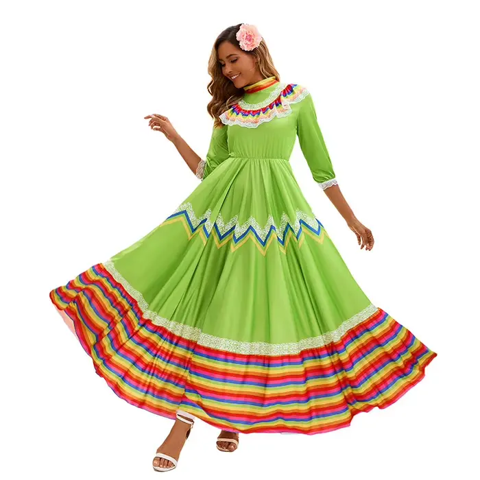 Robe longue ethnique espagnole et mexicaine rétro médiévale pour femmes, tenue de fête, de spectacle