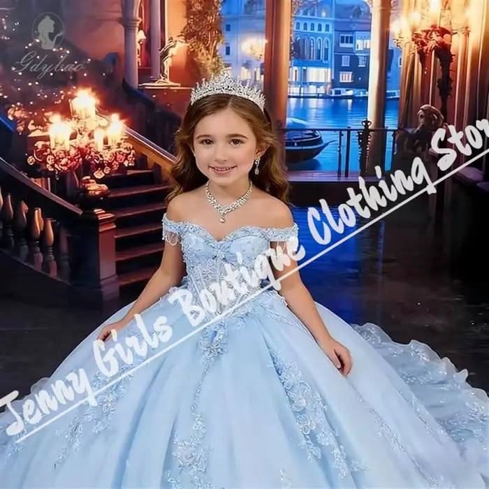 Robe de demoiselle d'honneur bleu clair élégante avec appliques en dentelle et tulle moelleux, robe de soirée princesse pour anniversaire, banquet, personnalisable