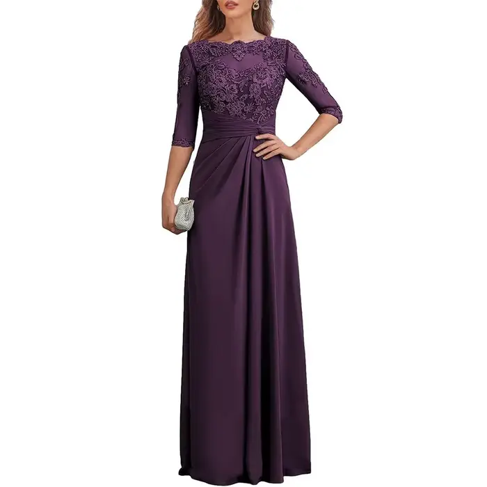 Robes mère de la mariée modernes en mousseline de soie, avec manches, avec des appliques en dentelle