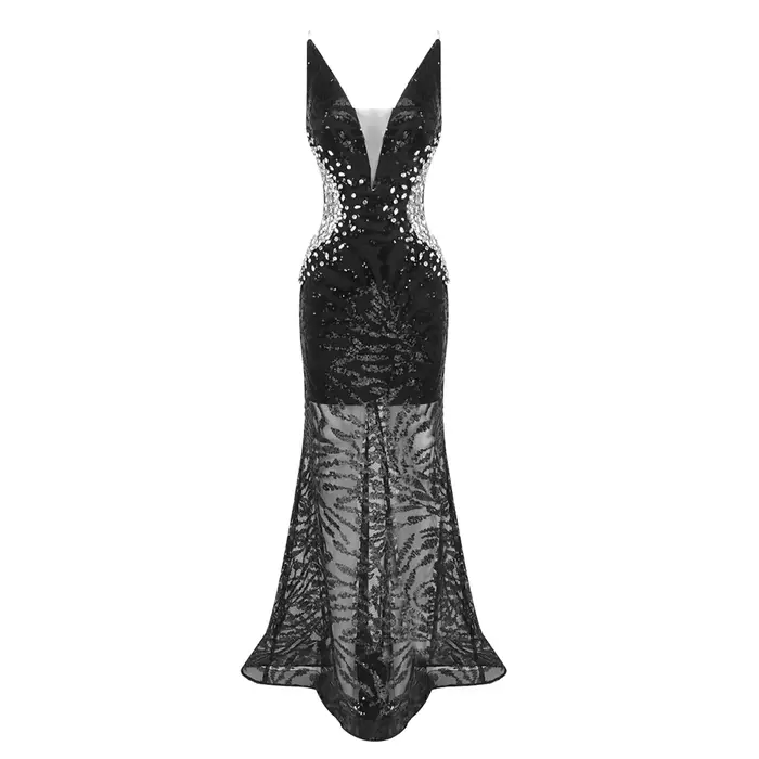 Robe de soirée transparente sexy à paillettes en V profond – Robe de soirée formelle scintillante no