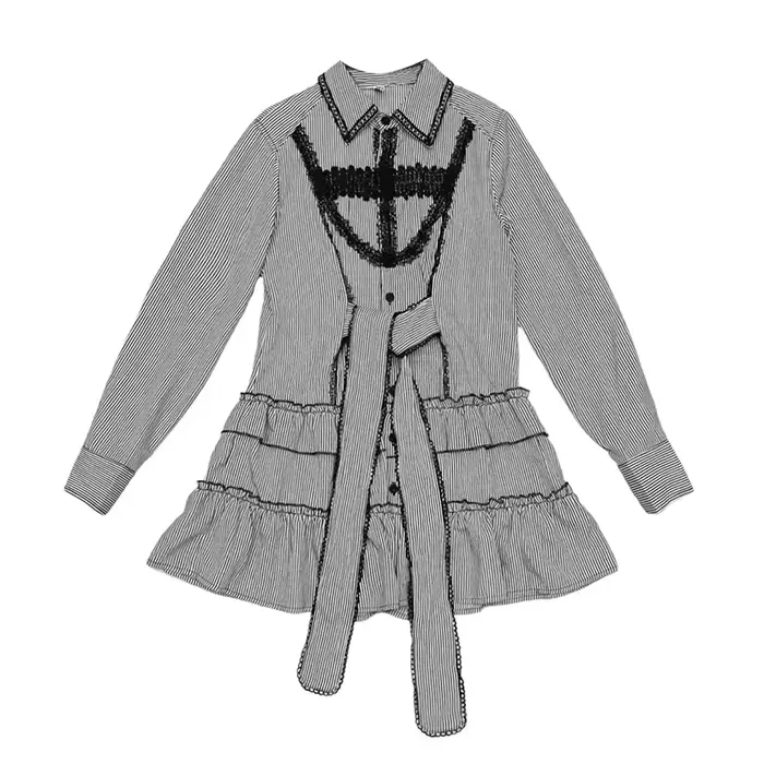 REDDACHiC robe chemise rayée pour femmes cravate dentelle bouton croisé devant manches longues à vol