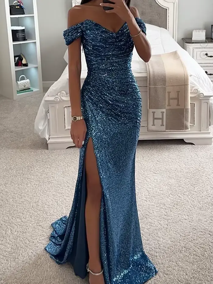 Robe longue à paillettes pour femmes, robe de soirée sexy pour dames, robe de Rhà col slash, robe ha