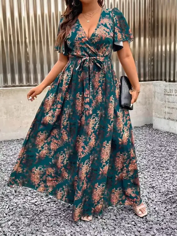 Robe longue élégante à imprimé bohème vert turquoise et marron pour femmes