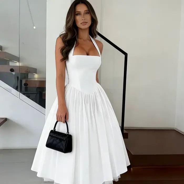 Élégante Robe Midi Blanche Française pour Invitée de Mariage Femme, Col Halter, Corset, Robe de Cocktail pour Douche Nuptiale, Robe en Tulle à Nœud au Dos, Coupe Évasée