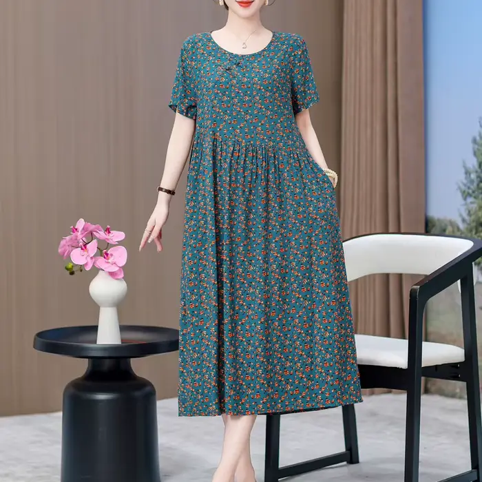 Robe vintage décontractée à manches courtes col rond impression florale ample pour femmes occasions spéciales été 2025