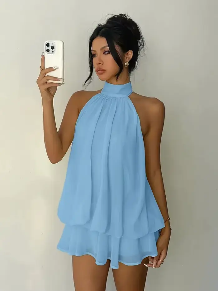 Mini robe licou en mousseline de soie pour femmes, dos nu, robe d'été, douce, robe de soirée, Sexy, 