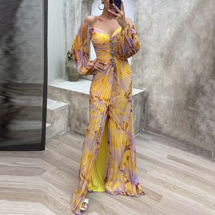 Robes de Cocktail pour femmes à volants plissés à manches longues