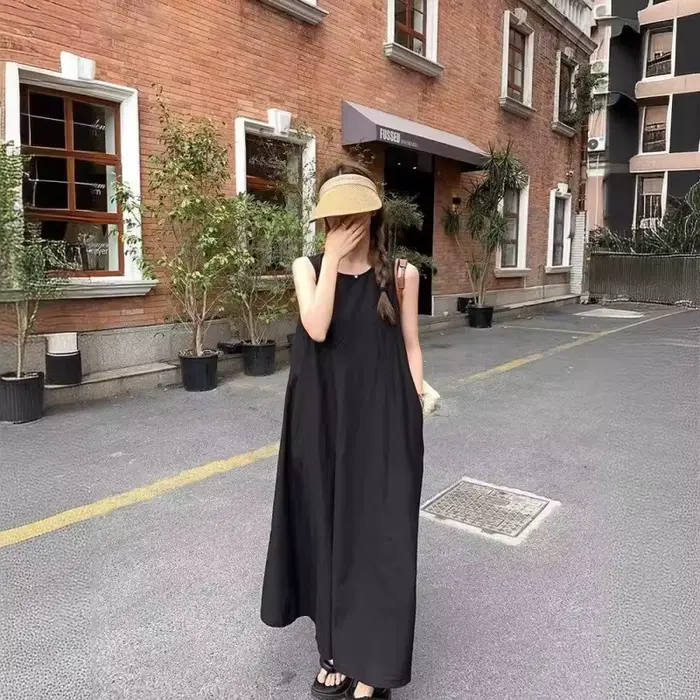 Robe longue de plage sans manches et dos nu pour femme, coupe ample, blanche, en fibre de polyester, col rond, jupe trapèze pour les vacances d'été occasions spéciales
