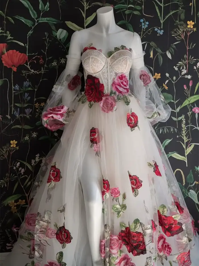 Amanda-Robe de Mariée Brodée Colorée pour Femme, Dos aux, Motif Floral, pour Patients de Mariage Pas
