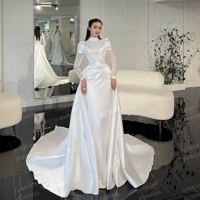 Luxe 2025 robes De mariée sirène femme formelle paillettes à manches longues col haut