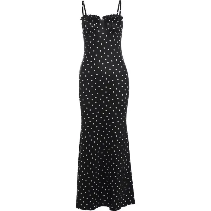 Robe noire à pois, figurine féminine serrée, robe queue de poisson moulante aux hanches