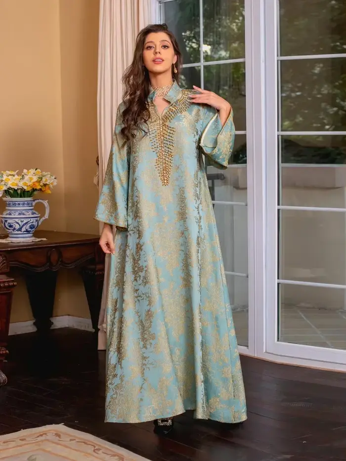 Abaya-Robe musulmane Eid pour femmes, col montant perlé, Jalabiya, robes de soirée marocaines, Abaya