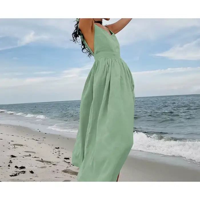 Robe longue à bretelles en coton et lin français, taille haute, Style vacances, printemps et été, 2026