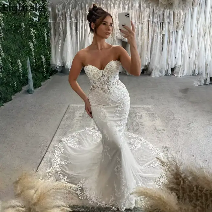 Robes De mariée De luxe sirène ivoire chérie 2025, robes De mariée avec des Appliques en dentelle, p