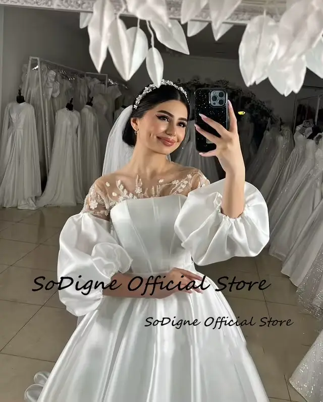 Robe de Mariée SoDigne en Satin Trapèze avec Manches Bouffantes et Appliques pour Femmes Occasions Spéciales