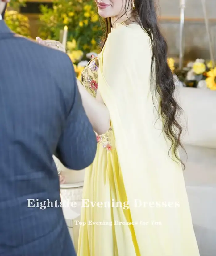 Robe de soirée arabe Eightale en mousseline de soie jaune avec fleurs 3D
