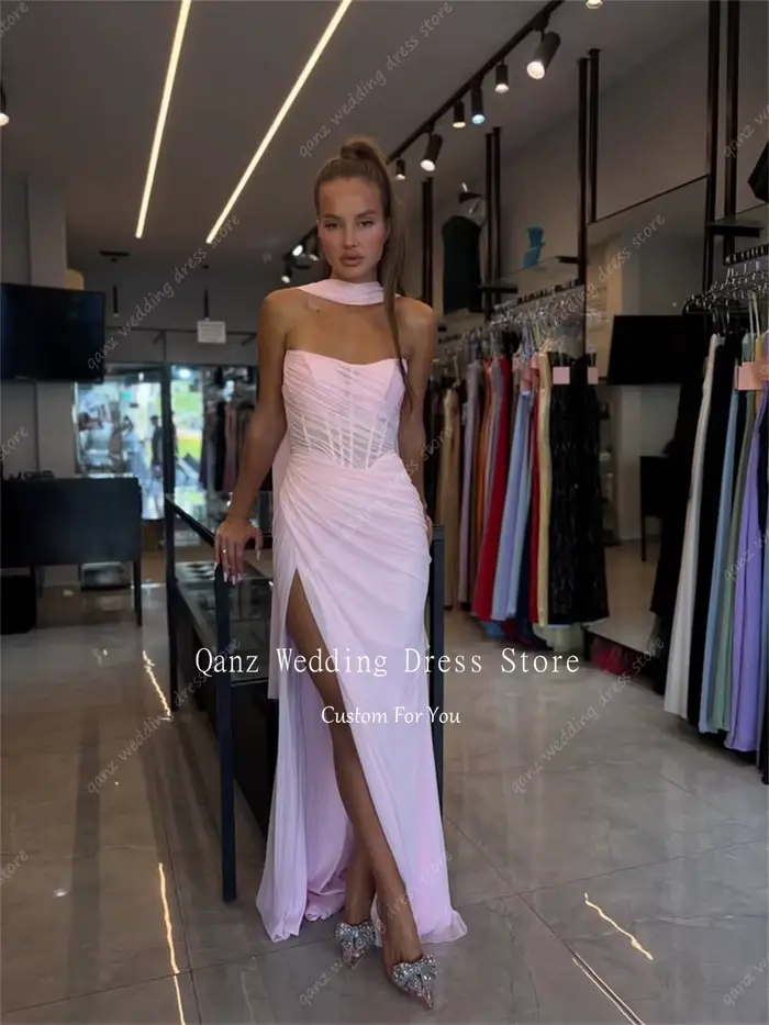 Qanz rose robes De soirée en mousseline De soie jambe haute fente