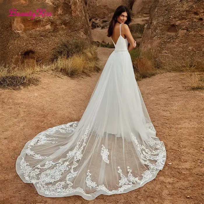 Combinaison de mariage 2 en 1 avec jupe détachable polyester dentelle sans manches pour femmes robes de mariée trains de balayage occassions spéciales