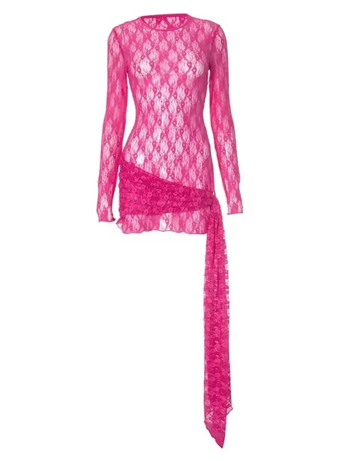 Robe transparente en dentelle avec manches longues pour femmes, tenue de club sexy, streetwear, pompons, silhouette moulante, occassions spéciales