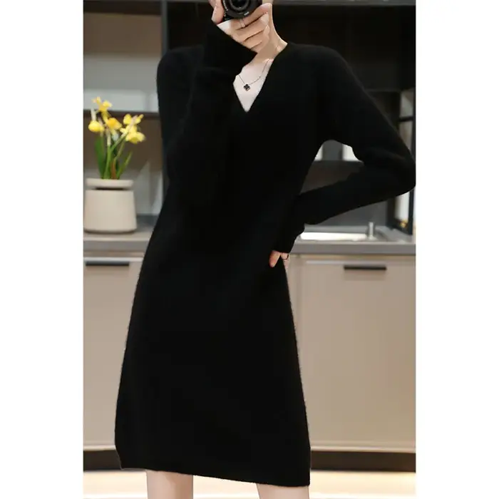 Robe pull en pur laine mérinos 100% col en V décontracté pour femmes tailles S à 2XL occasions spéciales automne hiver